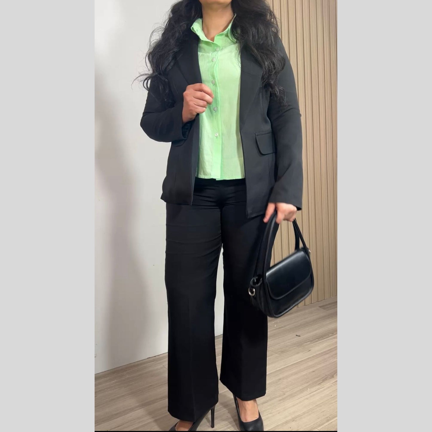 “Women’s Black Flare Leg Pants with Lycra – Curvy and Modest Fit”