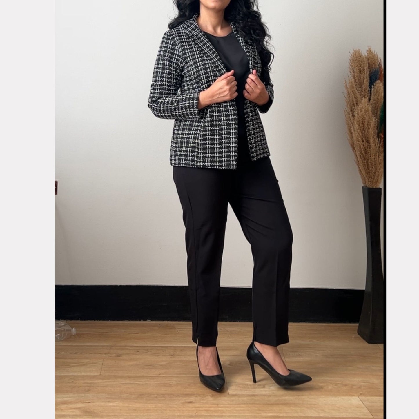 long women’s Black Checkered Wool Blazer – Curvy, Modest, Fully Lined ( 70 CM )