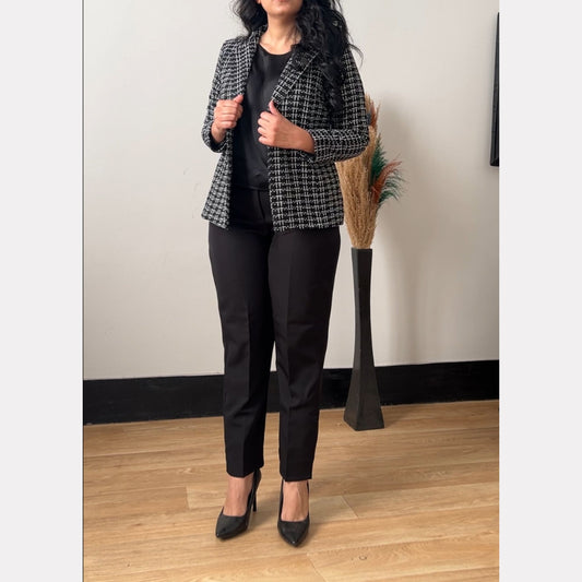 long women’s Black Checkered Wool Blazer – Curvy, Modest, Fully Lined ( 70 CM )
