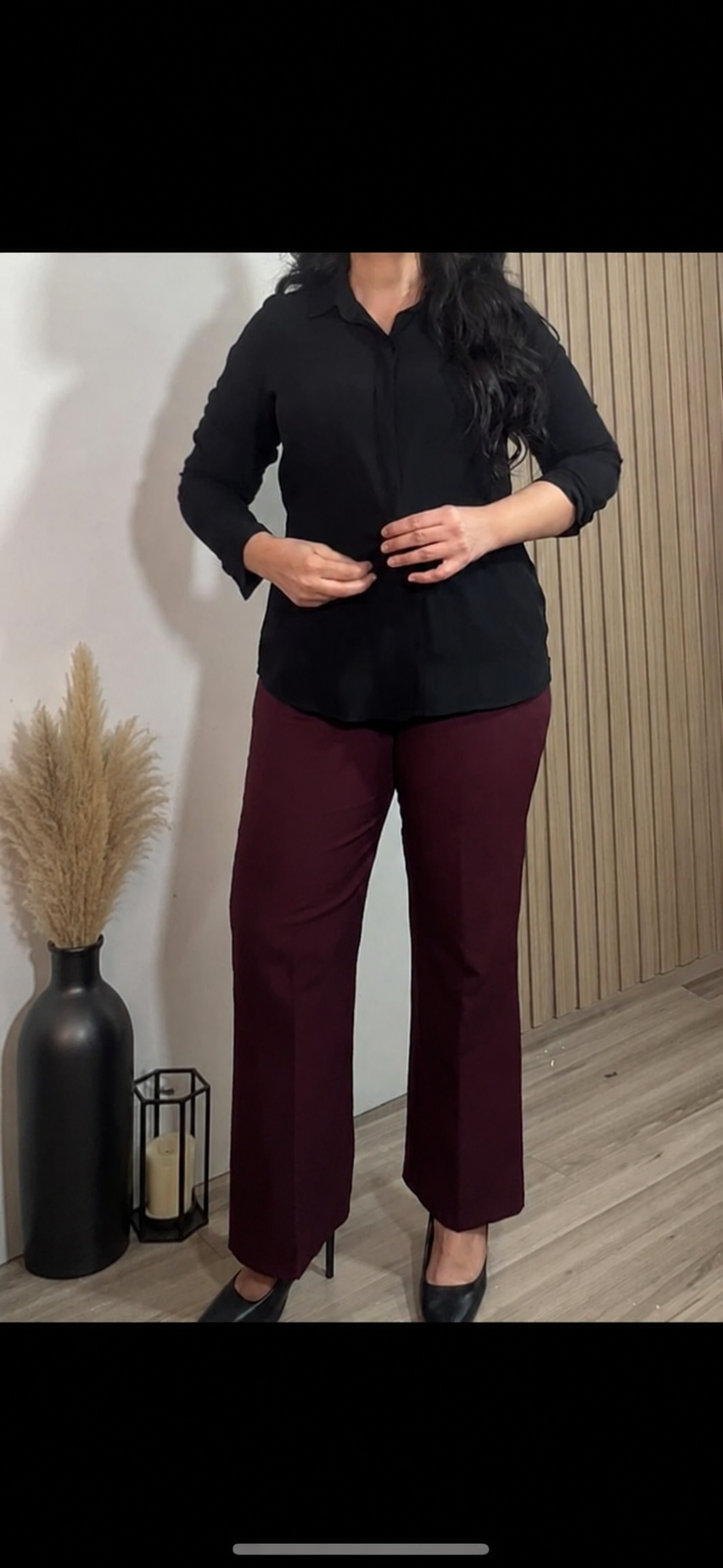 “Women’s Black Flare Leg Pants with Lycra – Curvy and Modest Fit”